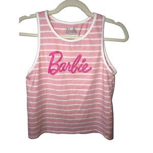 Barbie Tank Top Size Large Juniors Pink White Stripe Graphic Cotton Sleeveless
